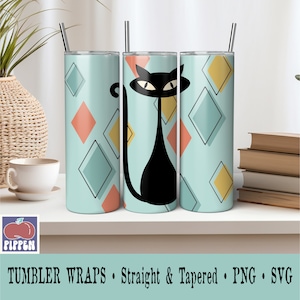 Mid-Century Modern 20 oz Skinny Tumbler PNG Sublimation Design Digital Download Atomic Cat Tumbler Wrap Commercial Use Retro Tumbler Png SVG