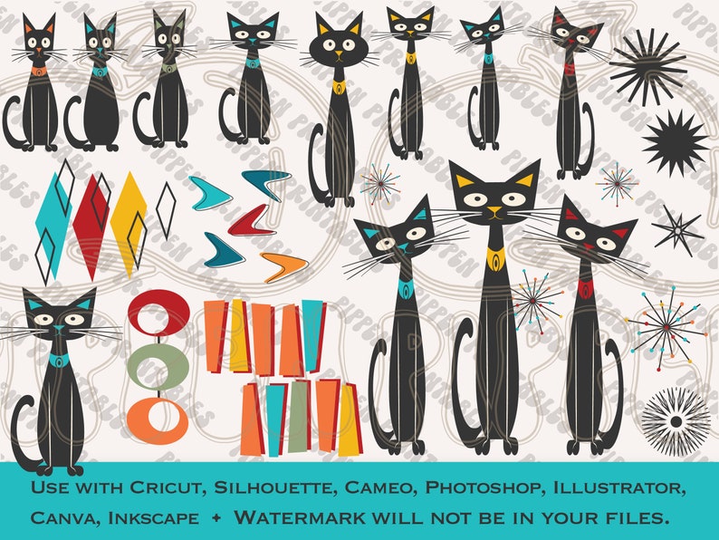 Atomic Dog Cat SVG Clipart Bundle Digital Downloads Retro Mid Century ...