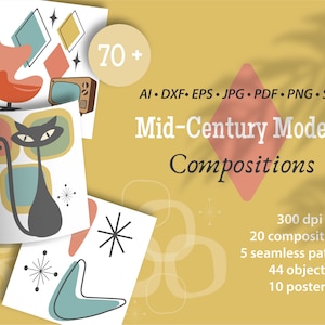 1950s Clipart Bundle, Digital Download Retro Design Elements, Mid Century Modern Patterns, 50s Prints,Mid Century Seamless Pattern,Printable