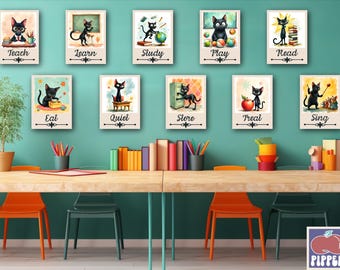 Zurück in der Schule Drucke Digitaler Download Katze Mid-Century Elementary Klassenzimmer Poster Lehrer Bulletin Board Kit Printables Retro-Klassen-Dekor