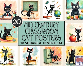 Mid Century Atomic Katze Poster Digitaler Download Zurück zu Schule Klassenzimmer Drucke Klasse Schule Lehrer Aids Bulletin Board druckbare Retro Kunst