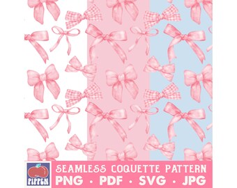 Pink Bows Seamless Patterns PNG SVG Coquette Ribbons Baby Blue Digital Download Girly Aesthetic Scrapbook Paper Sweet 16 Birthday Dainty Bow