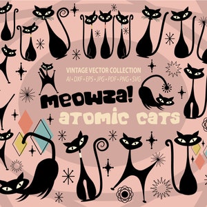 Atomic Cat SVG Download instantâneo Atomic Kitty Sublimation PNG Mid-Century Modern 1950s Black Bundle Vintage 50s Retro Png DXF Uso comercial