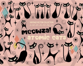 Atomic Cat SVG Instant Download Atomic Kitty Sublimation PNG Mid-Century Modern 1950s Black Bundle Vintage 50s Retro Png DXF Commercial Use