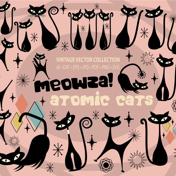 Atomic Cat SVG Instant Download Atomic Kitty Sublimation PNG Mid-Century Modern 1950s Black Bundle Vintage 50s Retro Png DXF Commercial Use