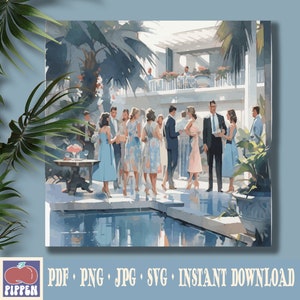 Peut inclure: Un groupe de personnes en tenue de soirée se rassemblent autour d'une piscine dans un cadre extérieur ensoleillé. La piscine est entourée d'une végétation luxuriante et d'un bâtiment blanc avec un balcon. Les personnes sont habillées dans des tons de bleu, de blanc et de rose, créant une scène vibrante et élégante.