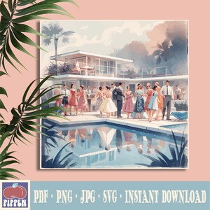 Peut inclure: Une illustration moderne du milieu du siècle d'une fête au bord de la piscine. La scène représente un groupe de personnes vêtues de vêtements des années 1950 debout autour d'une piscine devant une maison blanche. La piscine est entourée d'une terrasse en béton et d'une végétation luxuriante.