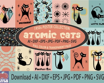 Atomic Cat Poster, Atomic Cat SVG, digitaler Download, Atomic Kitty, Mid Century Modern, Atomic Cat, Printables, PNG-Dateien, Alle Dateien, bearbeitbar
