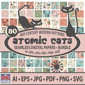 Atomic Cat Patterns SVG Bundle Mid Century Modern Seamless Digital Papers Download 1950s Aesthetic Fabric Sublimation PNG Designs Editable