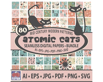 May include: A set of 80 mid-century modern digital paper patterns featuring black cats in various poses and designs. The patterns are in a retro style with geometric shapes, colors, and textures. The text "atomic cats" is featured in a bold, retro font.