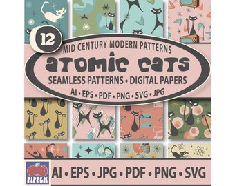 May include: A set of 12 digital paper patterns featuring mid-century modern designs with black cats, atomic symbols, and retro patterns in shades of green, blue, pink, and yellow. The text "atomic cars" is featured in a large, bold font.