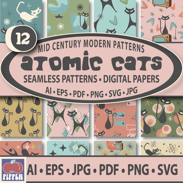 Atomic Cat Seamless Pattern SVG Mid Century Modern Digital Paper Download PNG Repeating Scrapbook Sublimation Design 1950s Fabric Editable