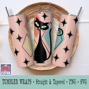 1950s 20 oz Skinny Tumbler PNG Sublimation Design Digital Download Atomic Cat Tumbler Wrap Commercial Use Mid-Century Modern Tumbler Png SVG