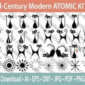 Atomic Cat SVG, Atomic Cat PNG, Digital Download, Mid Century Modern, 1950s Cat, Black Cat Bundle, 1950s Cat, Retro Cat Png, Atomic Kitty