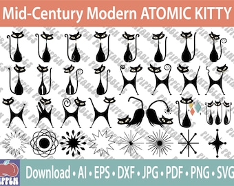Atomic Cat SVG, Atomic Cat PNG, digitaler Download, Mid Century Modern, 1950er Jahre Katze, schwarze Katze Bundle, 50er Jahre Katze, Retro Katze Png, Atomic Kitty