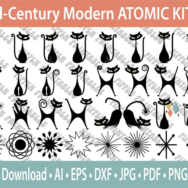 Atomic Cat SVG, Atomic Cat PNG, Digital Download, Mid Century Modern, 1950s Cat, Black Cat Bundle, 1950s Cat, Retro Cat Png, Atomic Kitty