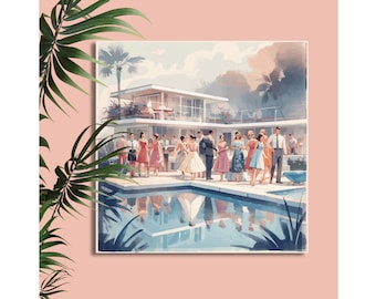 Art mural moderne au bord de la piscine pour cocktail, décoration d'intérieur maison de l'époque Eames rétro, impressions pendaison de crémaillère, idées cadeaux, peinture
