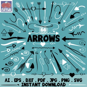 May include: A set of 66 black and white arrow graphics on a light blue background. The arrows are in various styles and sizes, including curved, straight, and wavy. The text "66 ARROWS" is in black and white.