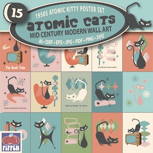MCM-posters Atomic Cat Mid Century moderne prints set kunst aan de muur digitale download Retro Cat sublimatie PNG jaren 1950 Space Kitty SVG Home Decor
