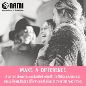 May include: Black and white photo of three women smiling and talking. The photo has a pink banner at the bottom with the text "MAKE A DIFFERENCE" and a message about donating to NAMI, the National Alliance on Mental Illness.