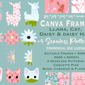 May include: A set of digital clipart featuring a llama, cat, daisy and half daisy frames, plus four seamless patterns. The patterns are pink with white bows, cherries and flowers. The frames are editable and 5000 x 5000 pixels.