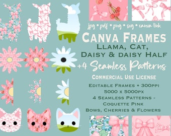 Llama Daisy Cat Clipart CANVA FRAMES Editable,Drag-and-Drop Coquette Seamless Pattern Pink Bows Cherry Flower Commercial Use Design Your Own