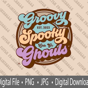 Groovy Spooky Ghouls, download digital, retro Halloween PNG, doces ou travessuras para meninas, design de camiseta de Halloween, estilo dos anos 70 Halloween PNG, crista