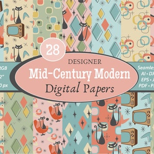 Mid Century Modern Digital Papers, SVG, PNG, Edytowalny wektor, Wzory bezszwowe z lat 50., Wzory Atomic Kitty, Cyfrowe pobieranie Atomic Cat, Retro