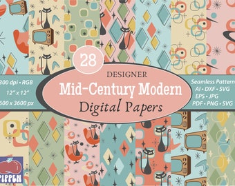 Mid Century moderne digitale Papiere, SVG, PNG, bearbeitbarer Vektor, 1950er Jahre nahtlose Muster, Atomic Kitty Muster, Atomic Cat Digital Download, Retro