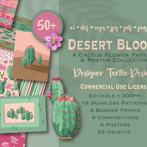 Kaktus Muster Kakteen Blumen Wand Kunst Druck WÜSTE BLÜTE Nahtlos Digital Papier Download Southwestern Fabric Wallpaper Bundle Sublimation