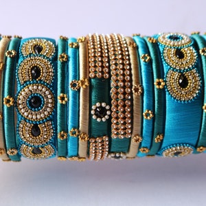 Sky Blue & Teal Wedding Bangles: Golden Indian Jewelry, Set of 18 image 2
