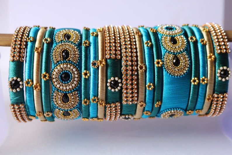 Sky Blue & Teal Wedding Bangles: Golden Indian Jewelry, Set of 18 image 2