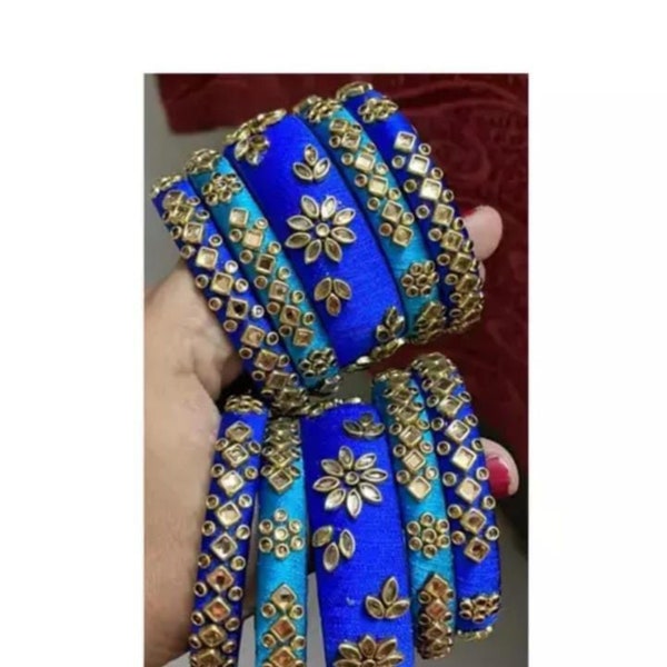 Blue Color Both Hand Set Silk Thread Bangles Kundan Work Ethnic Bangles Party Wear Handmade Wedding Jewelry Low Price Sale In bulk