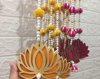 Lotus Door Hanging: MDF Yellow & Pink Pooja Decoration (5ft)