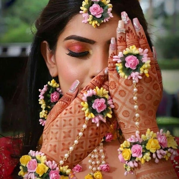 Pink ,Yellow Jewellry For Bridal Teeka, Necklace ,Earrings, Hathphool for Haldi  Sangeet,Mayun ceremony in Wedding Haldi Floral Jewelry