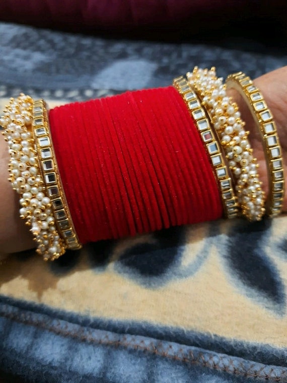 Red Color Velvet Thread Bangles Handmade Wedding Heavy Work