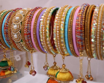 Silk Thread Wedding Bangles: Multi Color Tassel Bangles, Customizable
