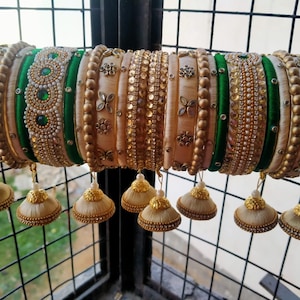 Green and beige color Silk Thread Bangles Handmade Wedding Jewelry Indian, Pakistani Bangles Set Bridal Bangles Gift For Her