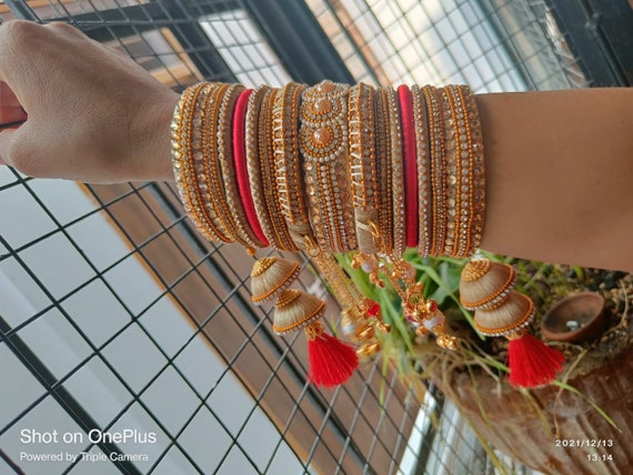 Golden Red Color Heavy Tassel Red Latkan Wedding Bangles