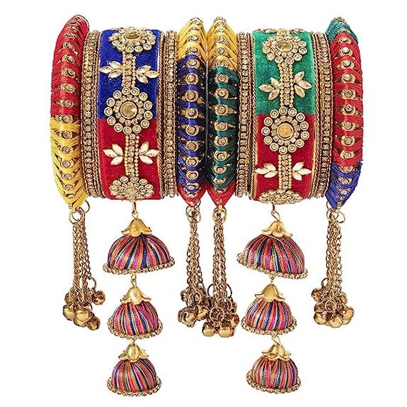 Multi Color With Golden Work Heavy Tassel Latkan Wedding Bangles Lightweight Jewellry Bridal Bangles Color Can Customized 10 Bangles Etsy Australia