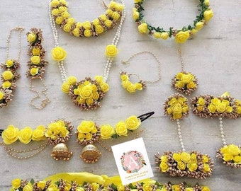 Yellow Flower Jewelry Set: Haldi Bridal Necklace, Earrings & Hathphool