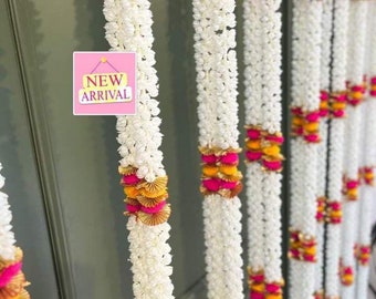 Handmade Door Garland: White Flowers, Pink & Yellow Pom Poms