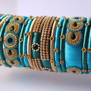 Sky Blue & Teal Wedding Bangles: Golden Indian Jewelry, Set of 18 image 1