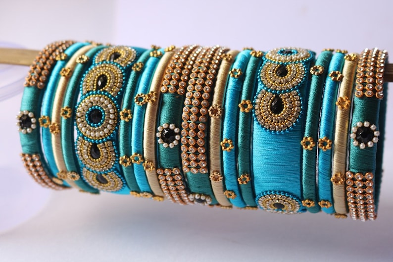 Sky Blue & Teal Wedding Bangles: Golden Indian Jewelry, Set of 18 image 1