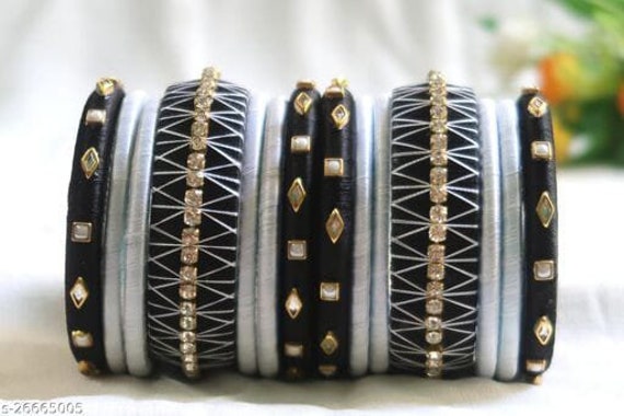 Silver And Black Color Bangles Bracelet Silk Thread Indian Pakistani  Bangles Kundan Work Color Customized Handmade Jewelry