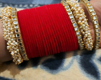 季節のおすすめ商品 Red Color Work Heavy Wedding Handmade Bangles Thread Velvet ヨガ・ピラティス