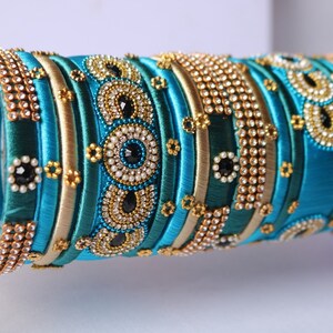 Sky Blue & Teal Wedding Bangles: Golden Indian Jewelry, Set of 18 image 4