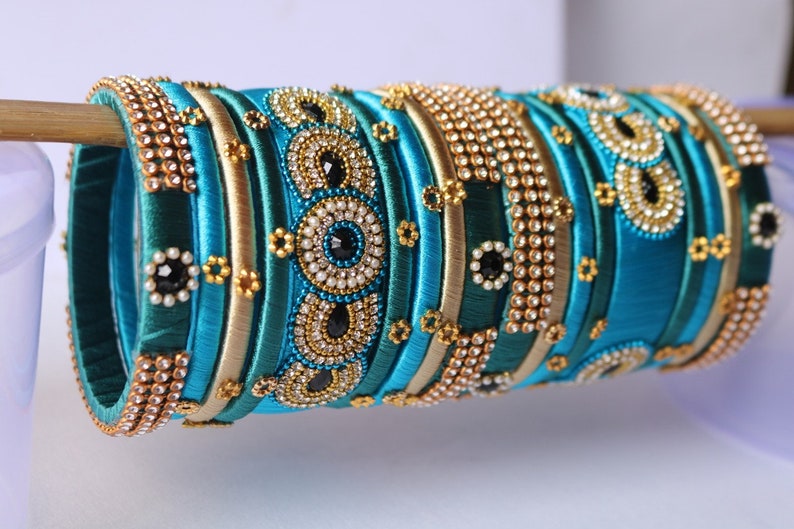 Sky Blue & Teal Wedding Bangles: Golden Indian Jewelry, Set of 18 image 4