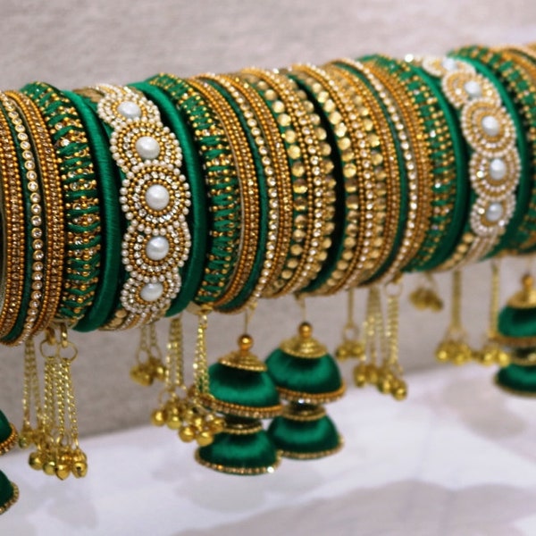 Deep Green Color Silk Thread Bangles Golden Work Heavy Tassel , Latkan Wedding Bangles Color Can Customized 26 bangles Lightweight jewellry