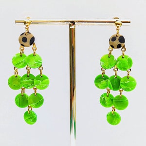 Lime Green Chandelier Statement Earrings. Funky Polka Dot Dangle Earrings. Summery Wedding Earrings, Bright Green Marble Earrings